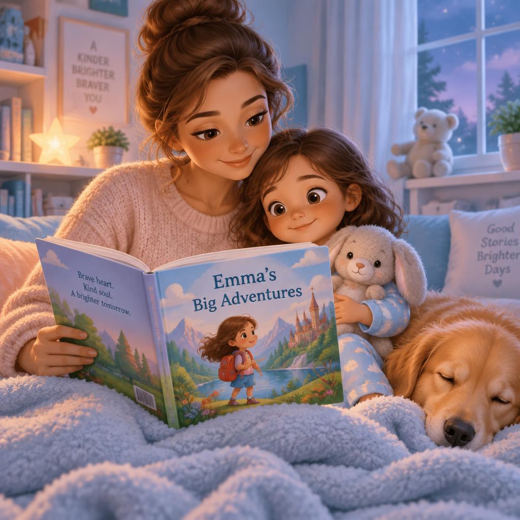 A parent reading a personalized children's storybook to a child on a cosy blanket